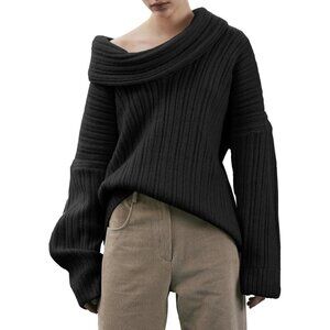 Womens Oversized Off Shoulder Sweater Top Knit Batwing Boat Neck Pullover